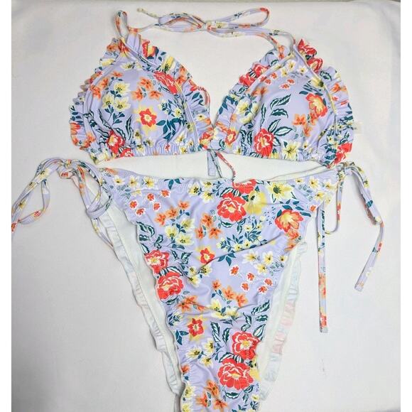 New Plus Size Bikini 2 pc Swim Wear Purple Ruffle Floral High Waist String 1X XL - Picture 3 of 7